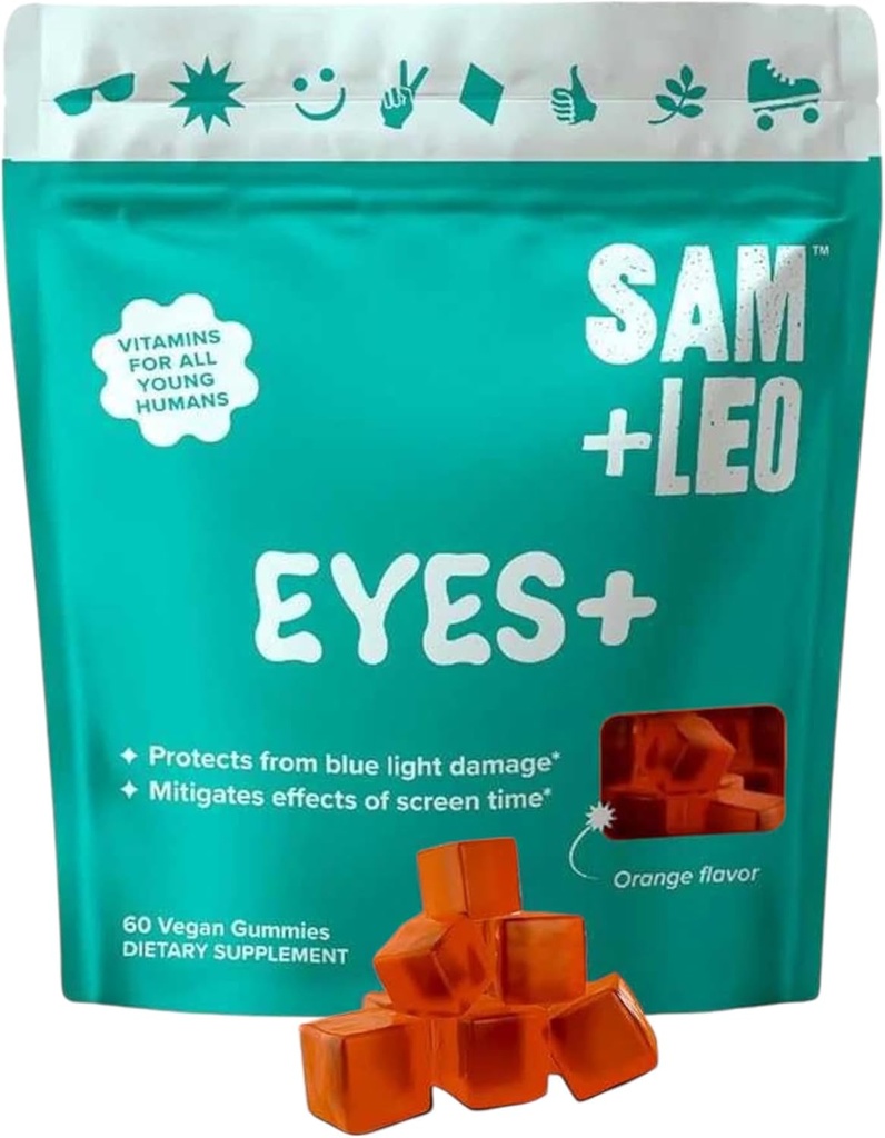 SAM+LEO EYES+ Kinder Gummy Vitamine - Alle natürlichen, veganen Augen Vitamine für Kinder & Jugendliche - Vitamin A, Zink, Lutein und Zeaxathin Gummi - Orange Flavor - 60/ct