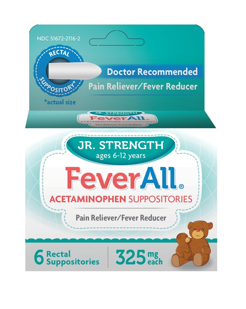 Feverall Children Acetaminophen Suppositories 6 Suppositori rettali 325mg Ogni Riduttore di dolore/Fever. Paraben Free, No Colori artificiali o altri conservanti. Età 6-12 anni