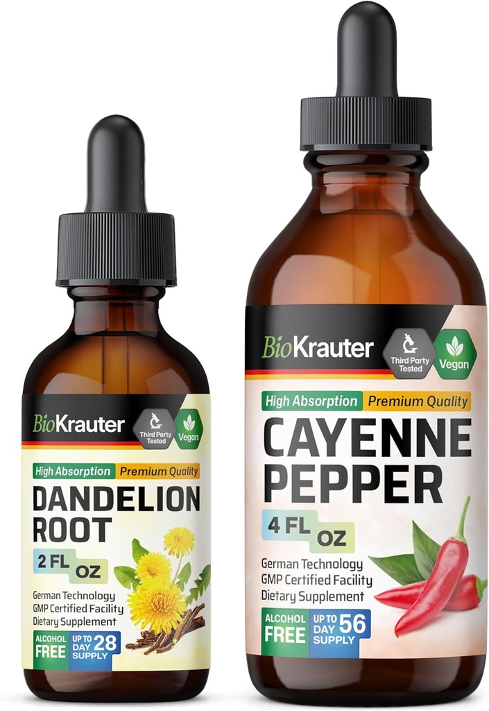 BIO KRAUTER Cayenne Pfeffer Tinktur 4 Fl. Oz. & Dandelion Tinktur 2 Fl. Oz.
