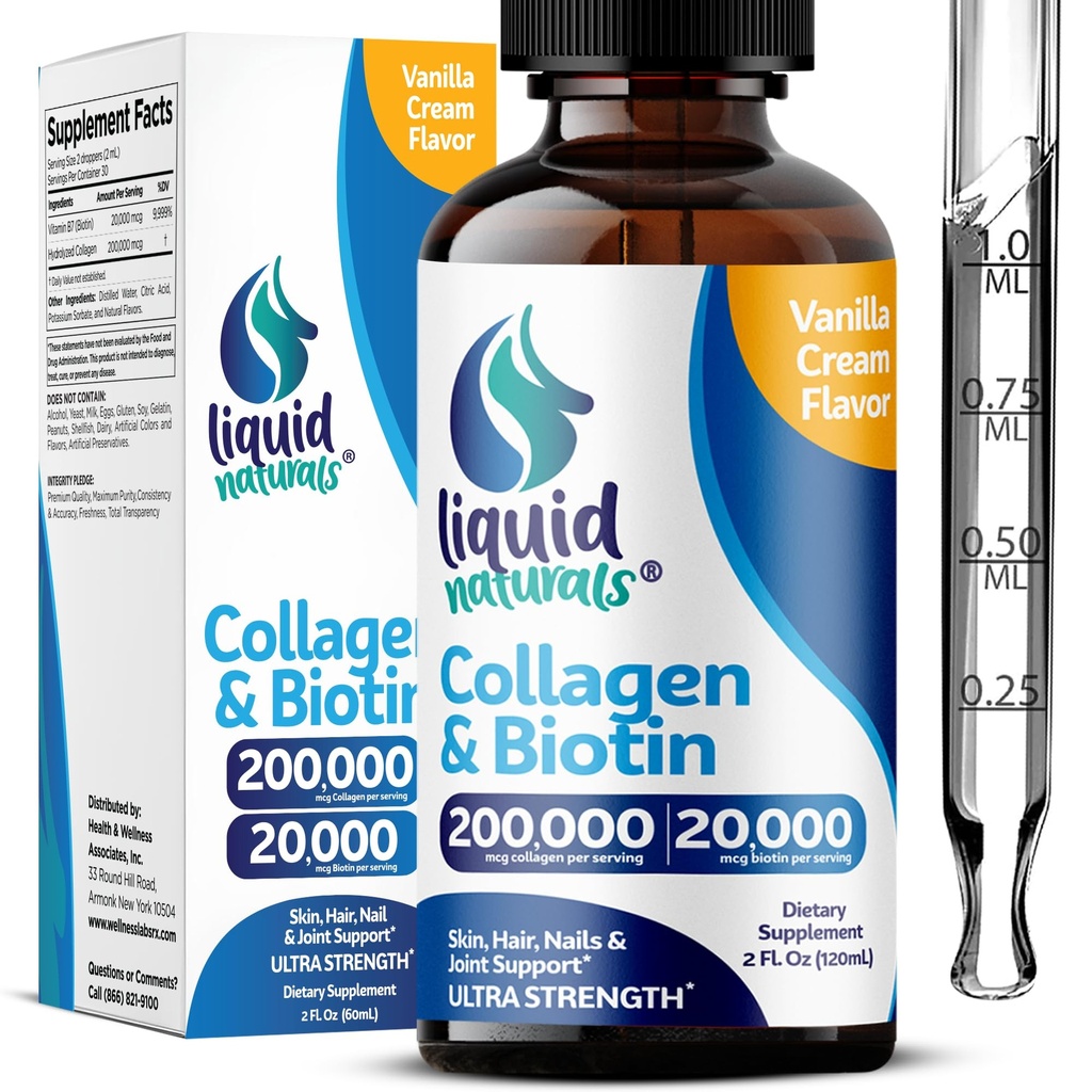 Collage liquido e biotina, 2 Fl. Oz, Peptidi di collagene ultra-forza per le donne, Biotina testata di terze parti per la crescita dei capelli Donne, Unghie e Vitamine di pelle B7 Collageno Peptidi – Vanilla Flavor
