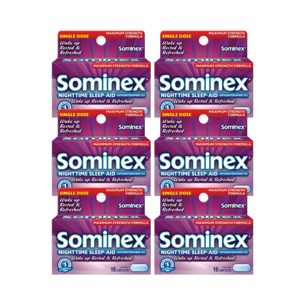 Sominex Nighttime Sleep-Aid Caplets, Forza massima, 16 ea (Pack of 6)