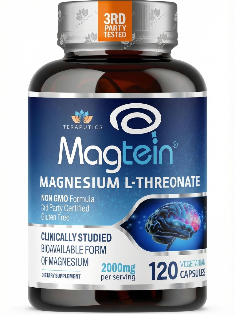 Magnesium L Threonat, MagteinTM, Gehirnergänzung für Gedächtnis, Fokus, Schlaf und kognitive Unterstützung, hohe Absorption Magnesium L-Threonat, Non-GMO, keine Laxative Wirkung – 2000 mg, 100 Vegan Kapseln