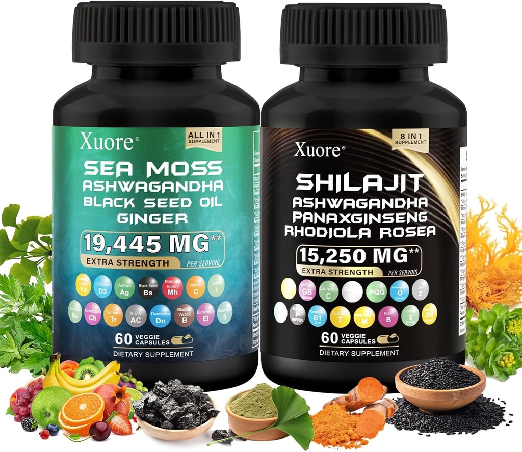 Der Bundle von Shilajit und Sea Moss, Sea Moss, Black Seed Oil, Ashwagandha, Ginger, Shilajit, Rhodiola Rosea, Panax Ginseng,120 Kapseln Alle in einer Ergänzung,(1 Paket).