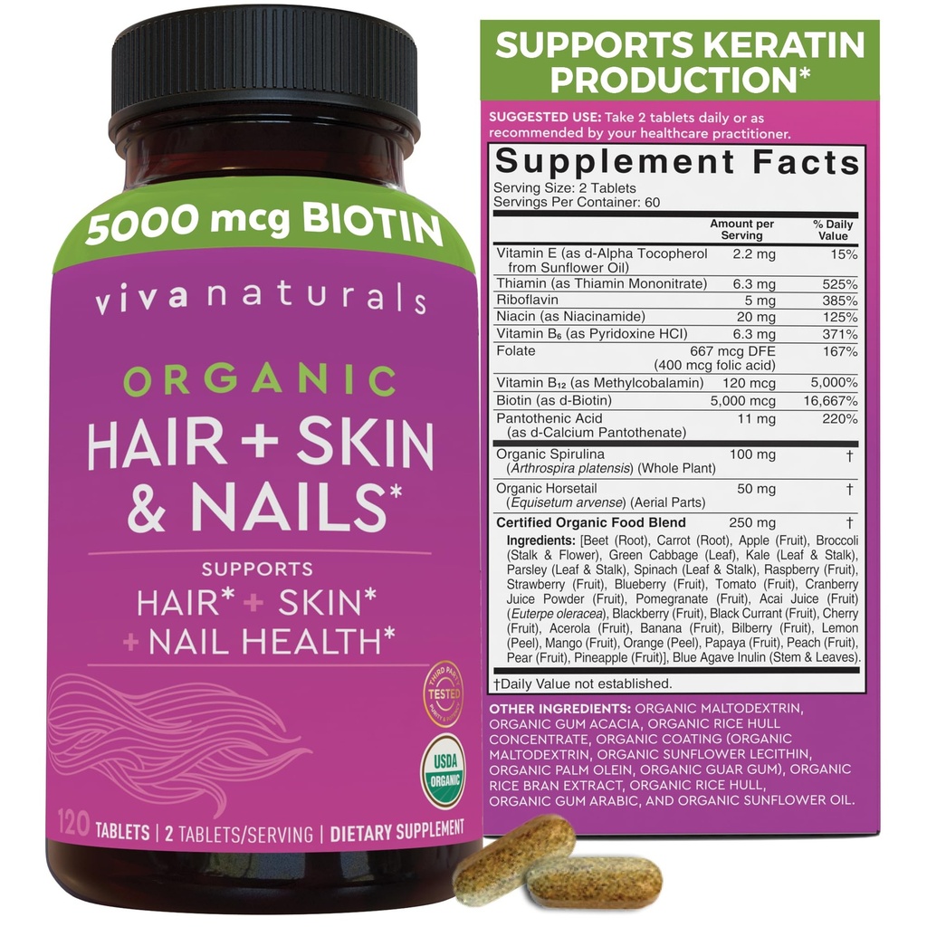 Biotin 5000 mcg Hair Skin Nails Vitamine per le Donne – Integratore Biologico e Vegetariano-Friendly con Vitamina E, B-Vitamins, Spirulina, Coda di Cavallo e Miscela Superfood per aiutare a produrre Keratin – 120 Conte