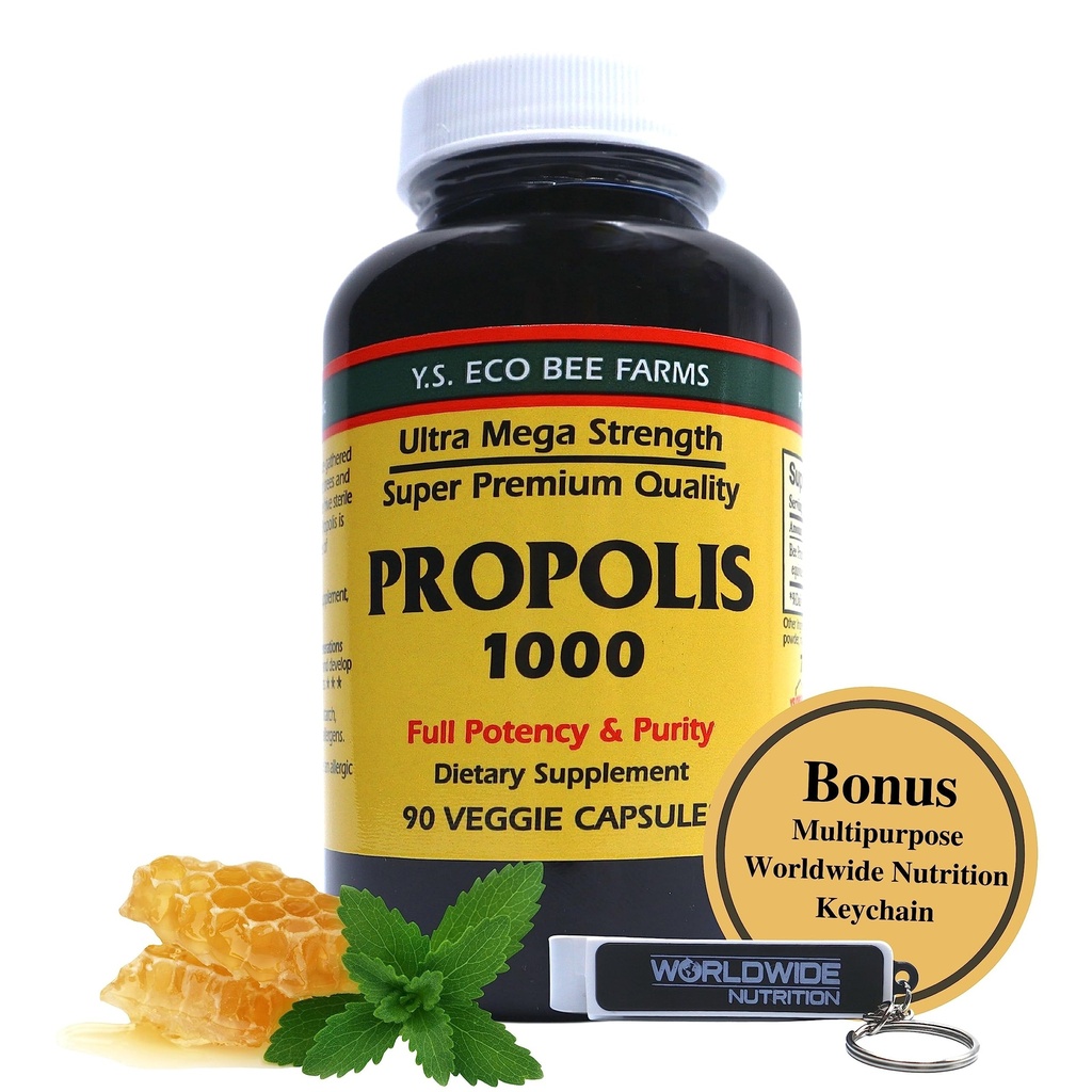 Y.S. Organic Bee Farms Propolis-Raw Unprocessed 1000mg - Your Gateway to Wellness - 90 Capsules with Bonus worldwidenutrition Multi Purpose Key Chain