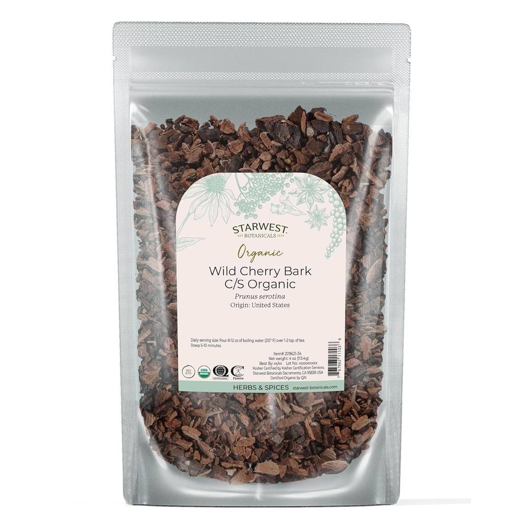 Starwest Botanicals Wild Cherry Bark Organic - Getrocknete Blatt Kräuter für Tee, Syrup, & natürliche Kräutermischungen, Prunus Serotina, Cut & Sifted, Zertifizierte Kosher, Non-GMO - 4 oz Pouch