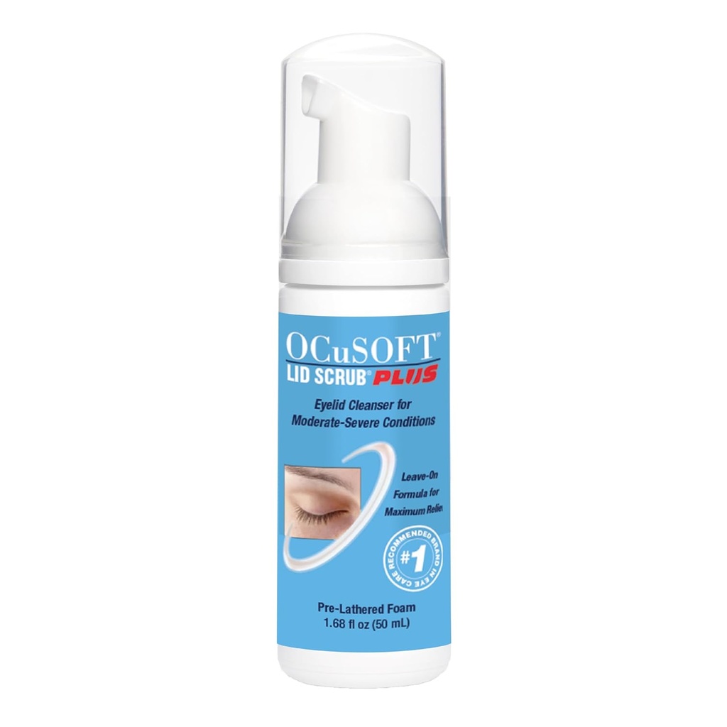 OCuSOFT Lid Scrub PLUS Schaum- Moderate zu Severe Eyelid Bedingungen - Instant Foaming Eyelid & Eyelash Cleanser - Extra Strength Daily Eyelid Cleanser Öl, Schmutz, Pollen & Eye Makeup-1.68 fl oz