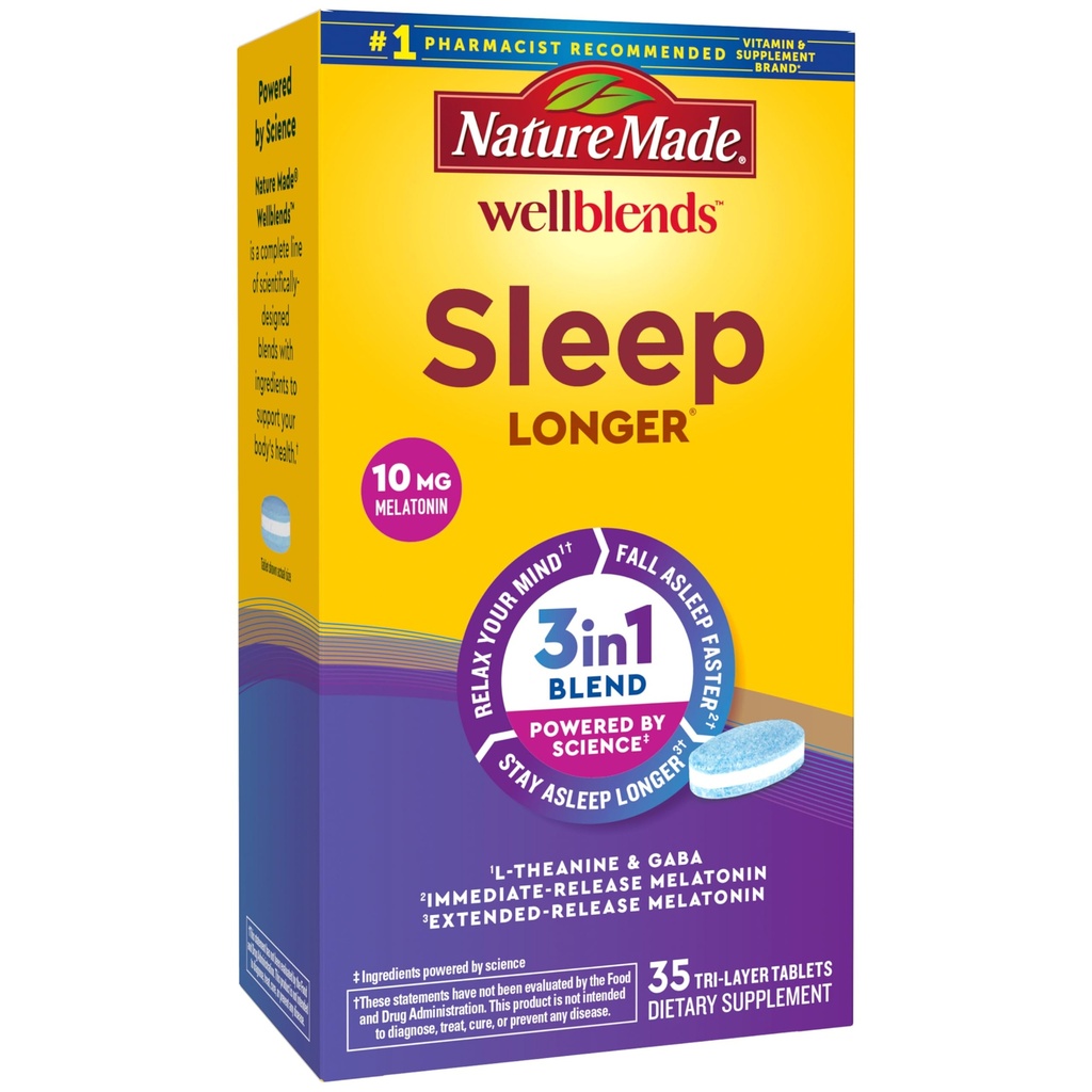Natura fatta Wellblends sonno più lungo, Melatonin 10mg, L theanine 100 mg, e GABA 100mg, supplemento di sonno, 35 compresse Tri-Layer