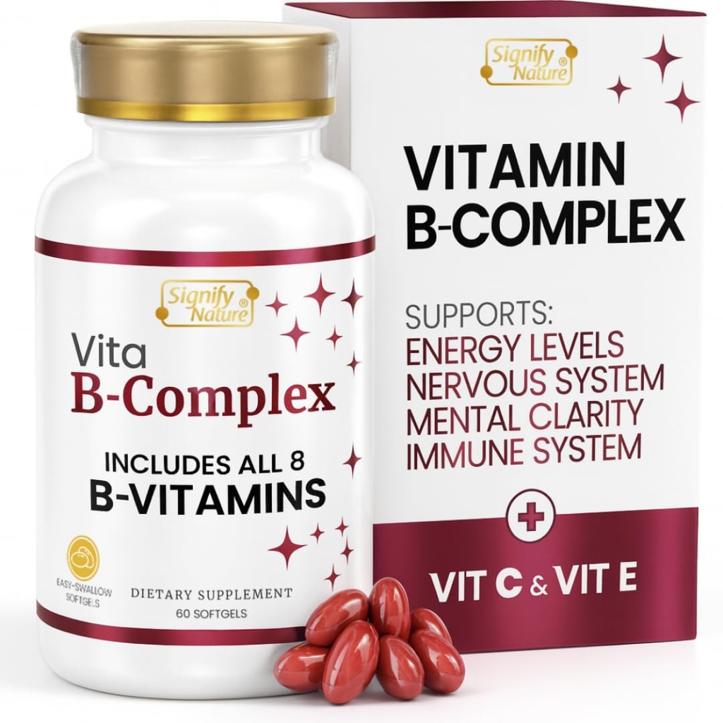 SIGNIFY NATURE VitaBComplex with Vitamin C and E, B Complex Vitamins for Women & Men, BComplex Supplements, VIT B1, B2, B3, B5, B6, B8, B9, B12, Super B Softgels - 60 CT