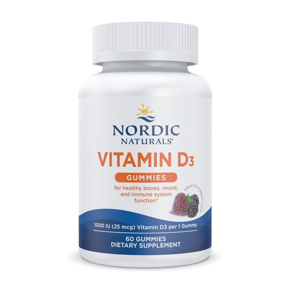 Nordic Naturals Vitamin D3 Gummies, Wild Berry - 60 Gummies - 1000 IU Vitamin D3 - Great Taste - Bones sano, Mood & Immune System Function - Non-GMO - 60 Serve