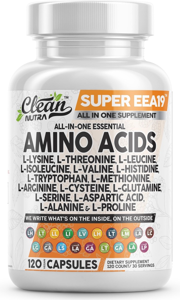 Clean Nutraceuticals Amino Acids Supplement L-Lysin, L-Threonin, L-Leucin, Isoleucin, Valin, L-Histidin, L-Tryptophan, L-Methionin, L-Arginin, L-Cystein, L-Glutamin, L-Serin, Aspartic Acid