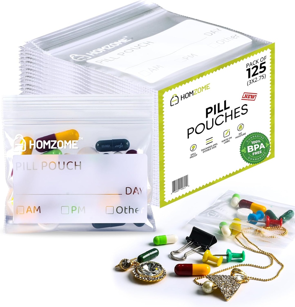 Pill Bags 6 mil -Pack von 125- BPA Kostenlose 3x2.75 Zoll Reusable Pill Pouches für Medizin mit Schreiben auf Label Klare kleine Ziplock Taschen für Pillen, Schmuck und Reise Pillen Organizer (Pack von 125)