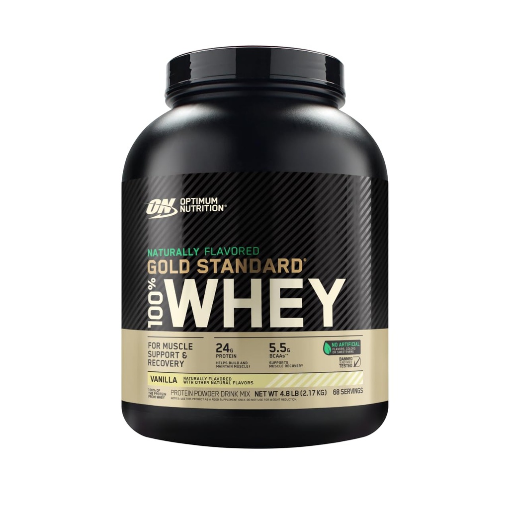 Optimum Nutrition Gold Standard 100% Whey Polvere di proteine aromatizzata naturale 4.8 (varia di maggio di imballaggio), Vanilla, 76.8 Ounce