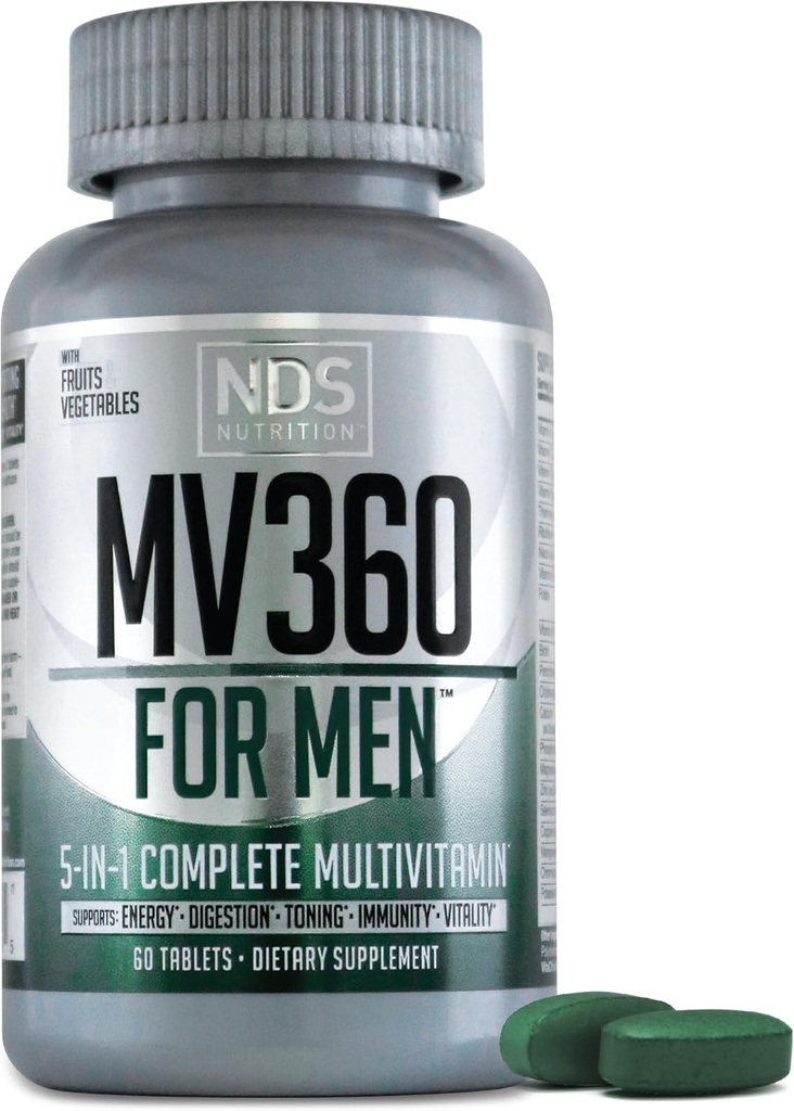 NDS Nutrition MV360 Per gli uomini, 5-in-1 Multivitamina completa per gli uomini con vitamine essenziali per l'energia, la digestione, il tonificante, il supporto immunitario e la salute mentale & vitalità, 60 compresse, 30 Serve