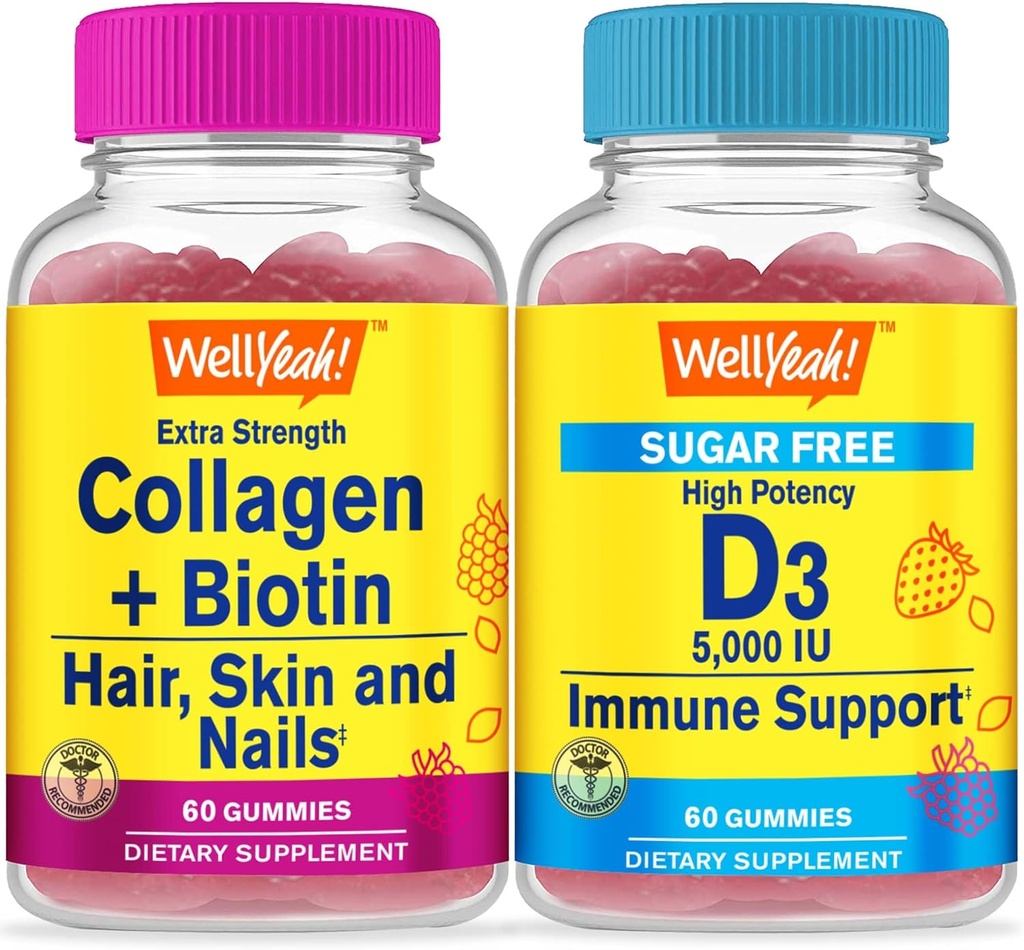 WellYes Collagen+Biotin + Vitamina D3 5000 IU Sugar Free, Gummies Bundle - Grande degustazione, Integratore di vitamina, Gluten Free, OGM Free, Gummy masticabile