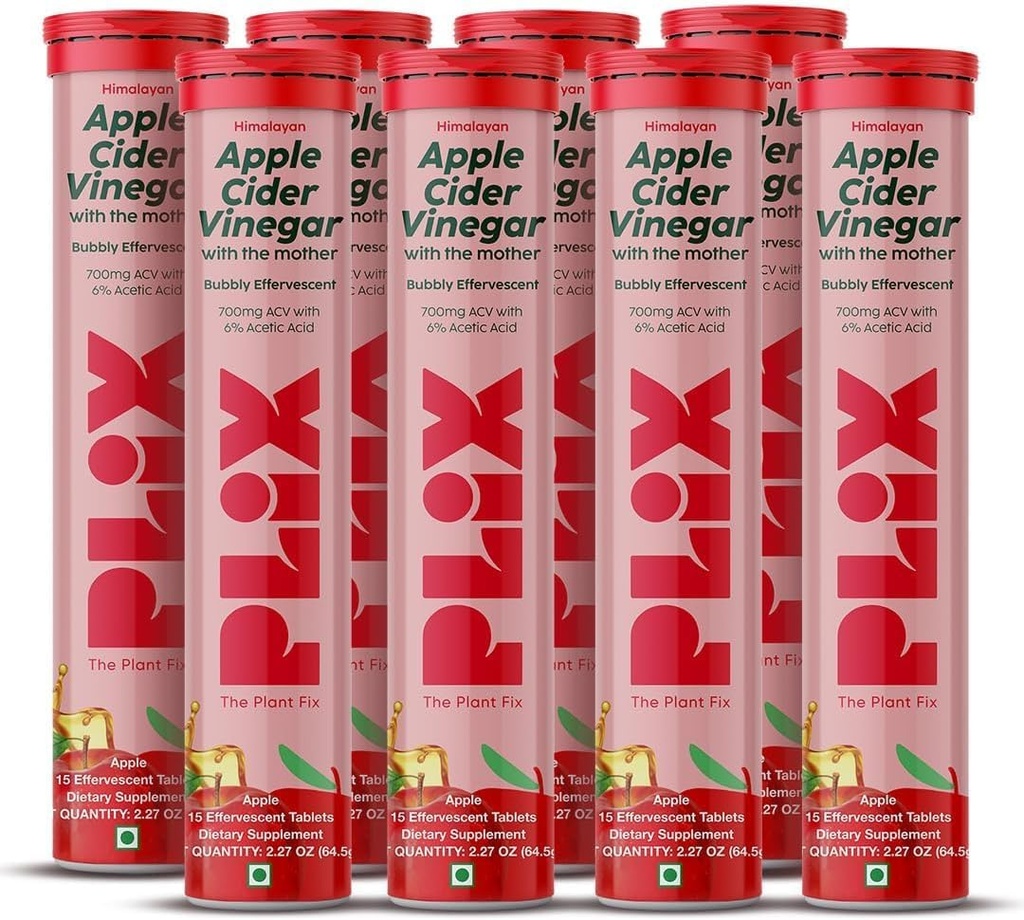 PLIX - THE PLANT FIX Apple Cider Aceto Effervescente Tablets con la madre, 700mg ACV con VIT B12, B6, Confezione di 8 |Vegan, Non Aggiunto Zucchero, Non OGM & Gluten-Free