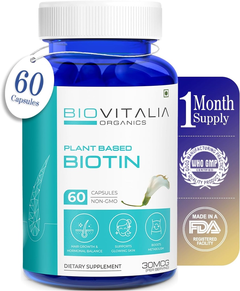 Capsules de supplément de biotine pure à base végétale- Soutenir les ongles et la croissance des cheveux plus forts Enrichies avec Sesbania Grandiflora Sunflower Seeds Amla Beetroot & Spinach - 60 capsules de légumes