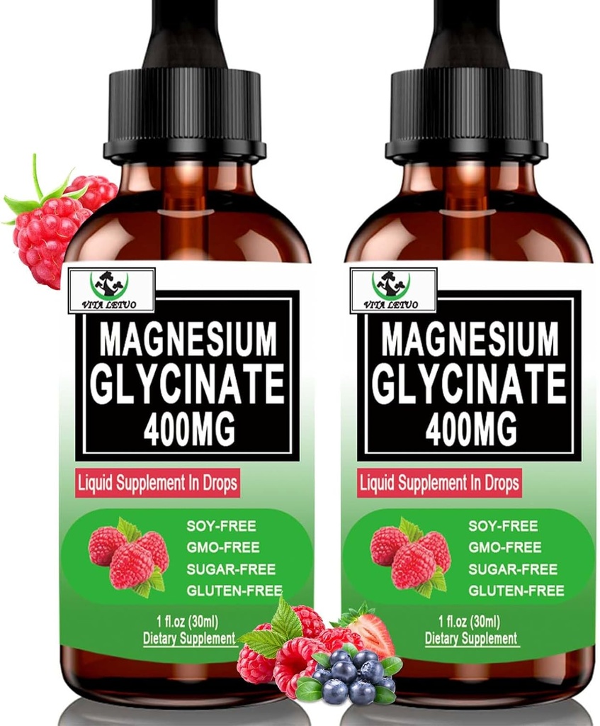 (2 Pack) Magnesio Glycinate gocce liquide,6X ad alto assorbimento Supplemento di magnesio liquido per Bone,Sleep,Leg Cramps & Immune Support,Pure Magnesium Glycinate 400mg per donne uomini,Vegan, Non-OGM