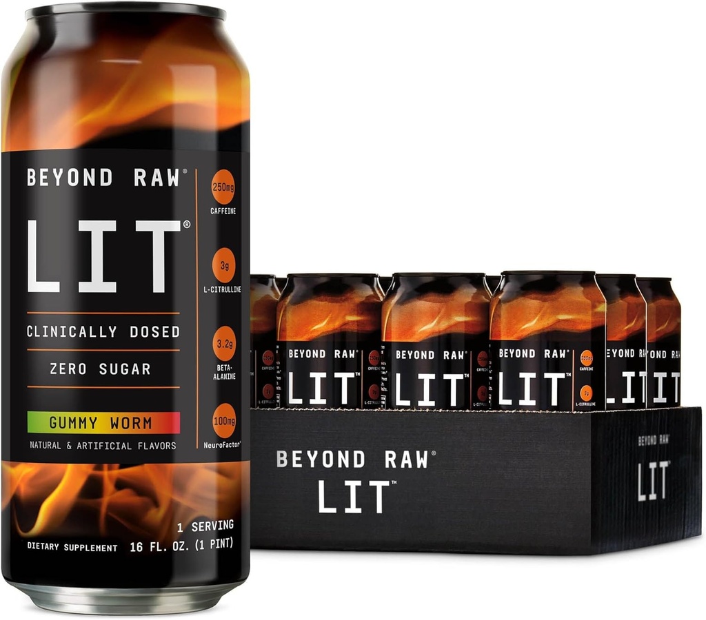 BEYOND RAW LIT Pre Workout, Gummy Worm, für Energie, Fokus, Intensität und Pumpen, mit Nitric Oxide Boost, Zero Sugar, 250mg Koffein mit Beta Alanine, 12 Cans