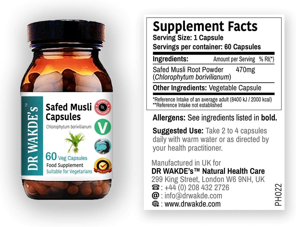 DR WAKDE'S Safed Musli Capsules (Chlorophytum borivilianum, 60 Veg Caps, Plant-Based Supplement, Ayurvedic Herb, All Natural, Vegan)