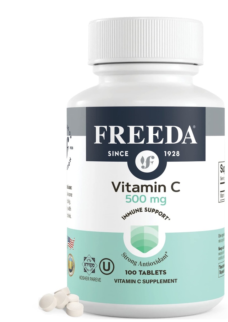 FREEDA Vitamin C - Vegan Vitamin C 500mg - Kosher - Leistungsstarke Antioxidantien-Unterstützung - Einfache bis schlampige Vitamine C Tabletten als Ascorbinsäure - reines Vitamin C 500 mg - VIT C Supplement (100 Zähler)
