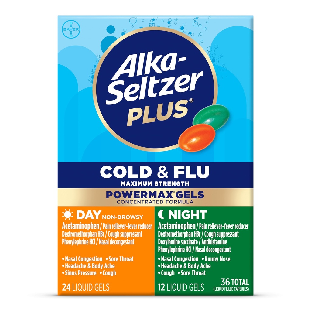 Alka-Seltzer Plus Power Max Cold & Flu Day+Night Medicine: Cough Suppressant, Cold and Flu Medicine Pour les adultes et les enfants de 12 ans et plus, 36 Compte, Emballage May Vary