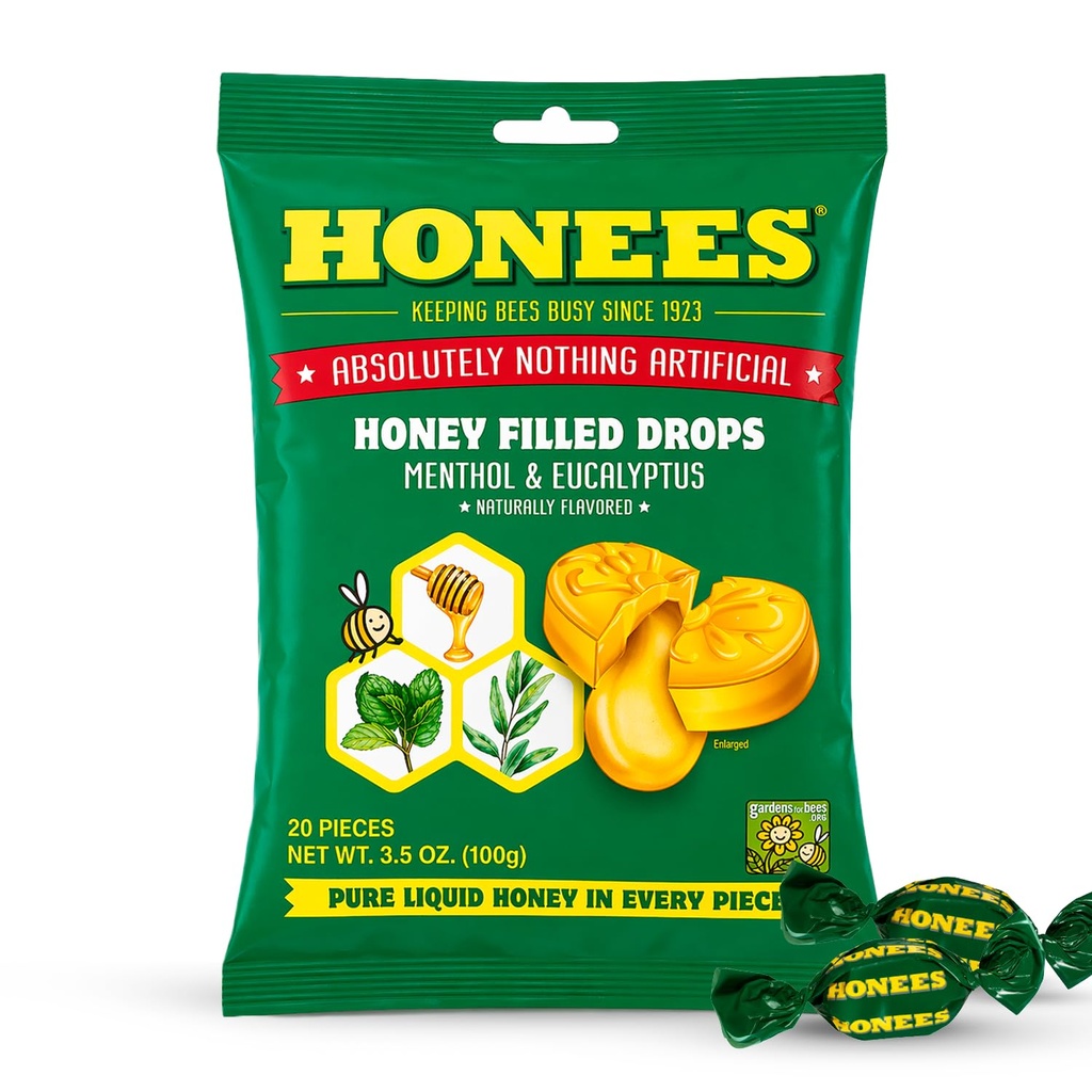 Honees Honey Menthol Cough Drops - 20-Piece, Single Pack Honey-Filled Lozenges | Temporary Relief from Cough | Soothes Sore Throat | All Natural