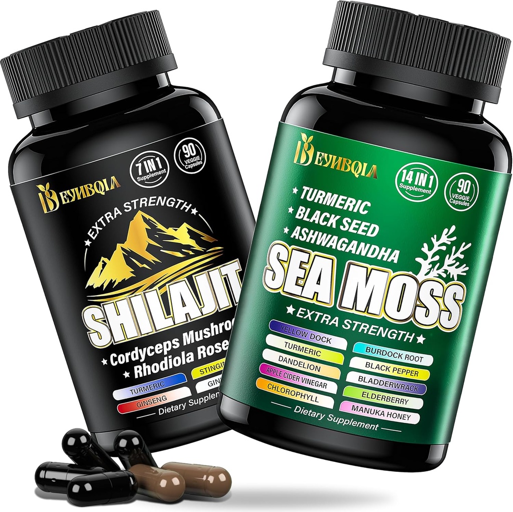 Sea Moss e shilajit Bundle - 90 Conte - Moss del mare, Olio di semi neri, Ashwagandha, Turmeric & Shilajit, Rhodiola Rosea,Burdock, Bladderwrack 21 in 1 Integratori (2 Pacchetti) Brown