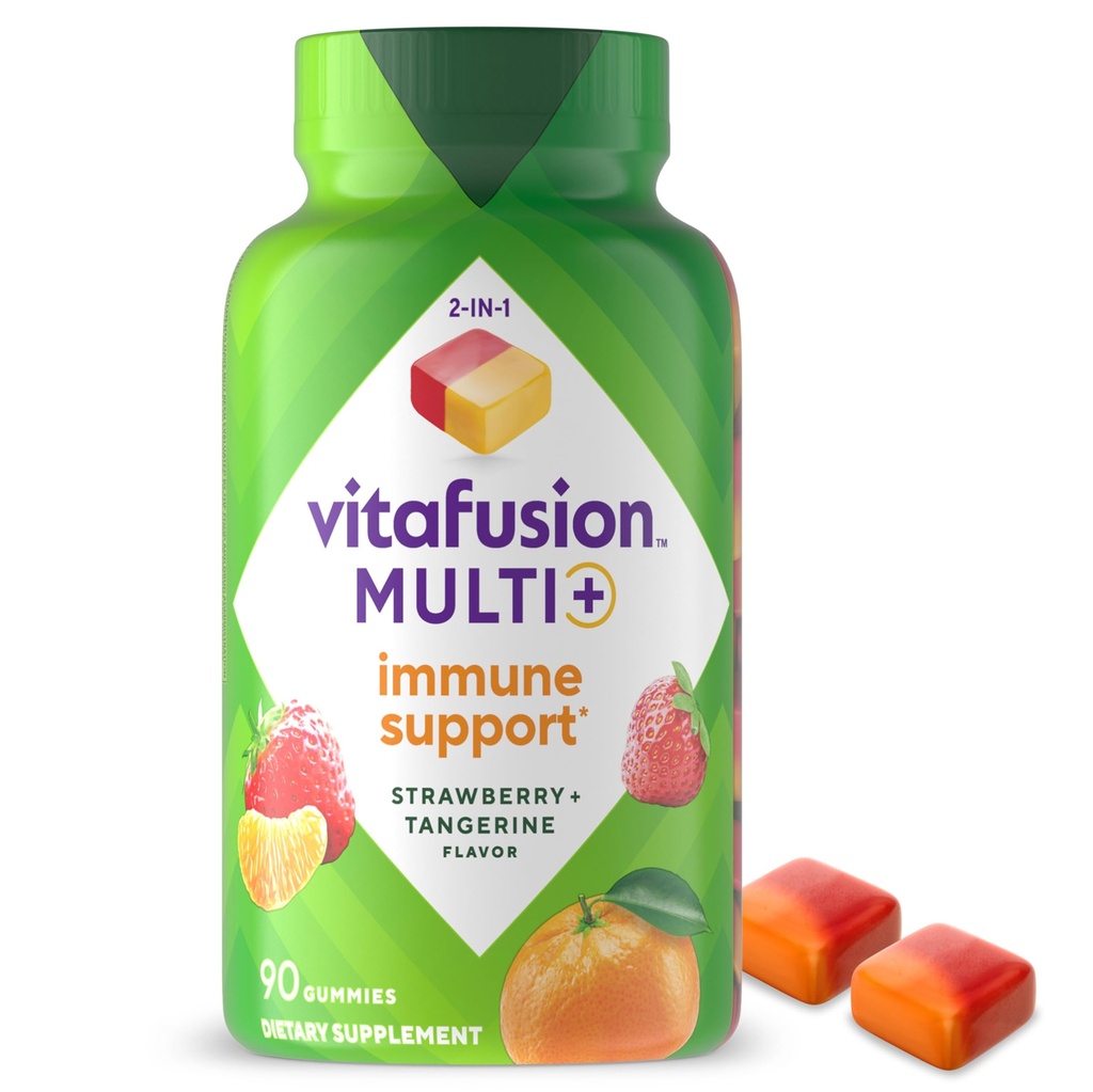 Vitafusion Multi+ Immununterstützung* – 2-in-1 Vorteile & Flavors – Adult Gummy Vitamine mit Vitamin C, Zink, Tägliche Multivitamine, 90 Zähler