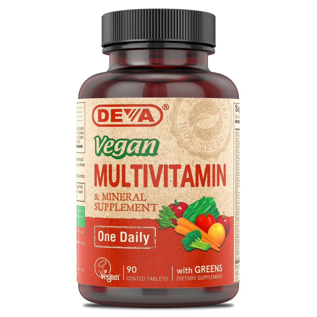 DEVA Vegan Multivitamin und Mineralische Beilage - Einmal pro Tag Formel mit Grünen - Vitamine A, C, D, E, B Komplex, Hochfeste Formulierung für tägliche Gesundheit und Wellness- 90 Beschichtete Tabletten, 1-Pack