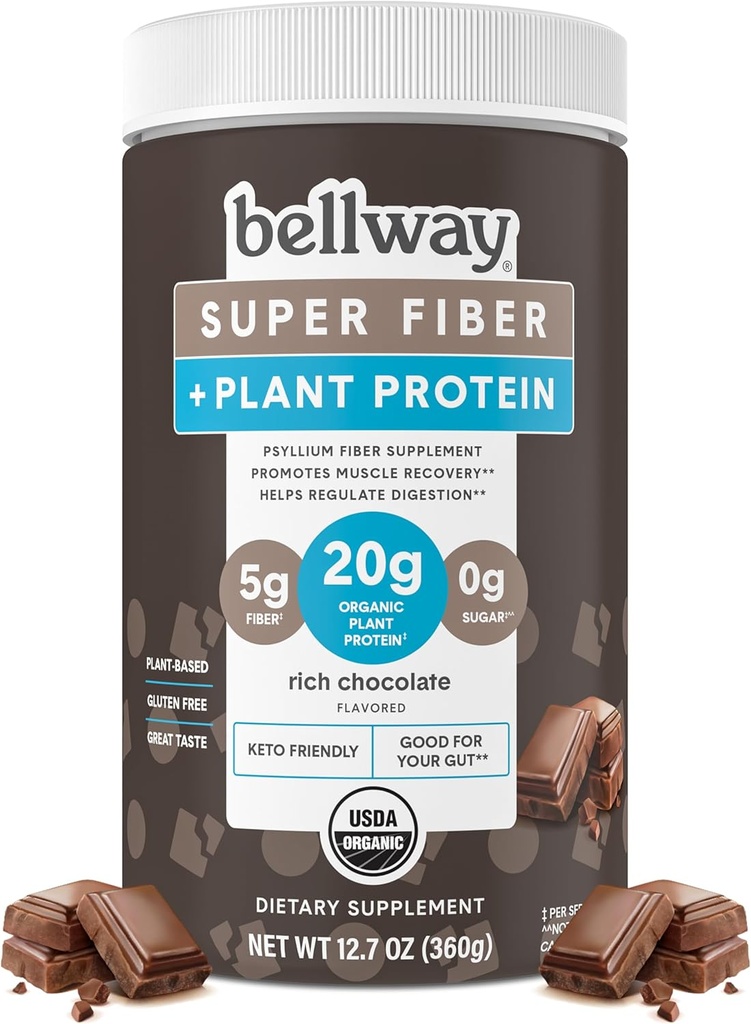 Bellway Super Fiber + Protein Powder, Sugar-Free Organic Psyllium Husk Faserergänzungspulver mit 20g Pflanzenprotein pro Servierung, Rich Chocolate, 12,7 oz