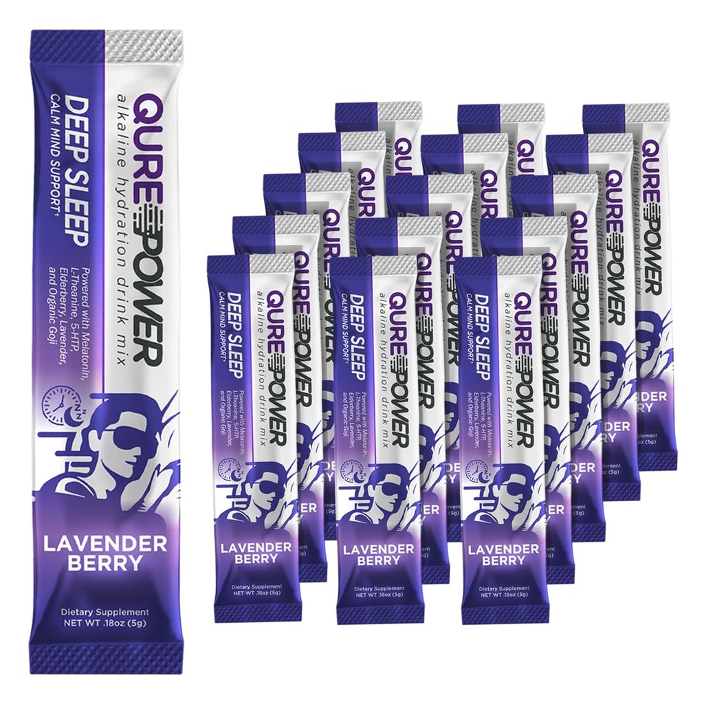 QURE Deep Sleep Aid Drink Mix w/ 5mg Melatonin & L-Theanin für Relief Stress | Non - Habit Forming Magnesium & 5 - HTP Pulver | Alkaline Hydration | 15 Sticks (1 Box)