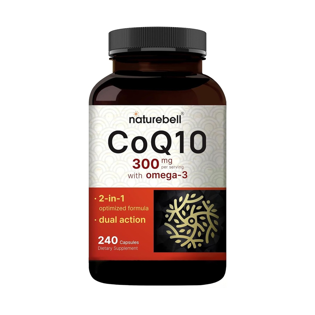 NatureBell CoQ10 300mg con Omega 3, 240 capsule - 120 giorni di alimentazione | Forma di assorbimento stabile – Supporto antiossidante per la salute del cuore e dell'energia – Supplemento di coenzima Q10 ad alta resistenza