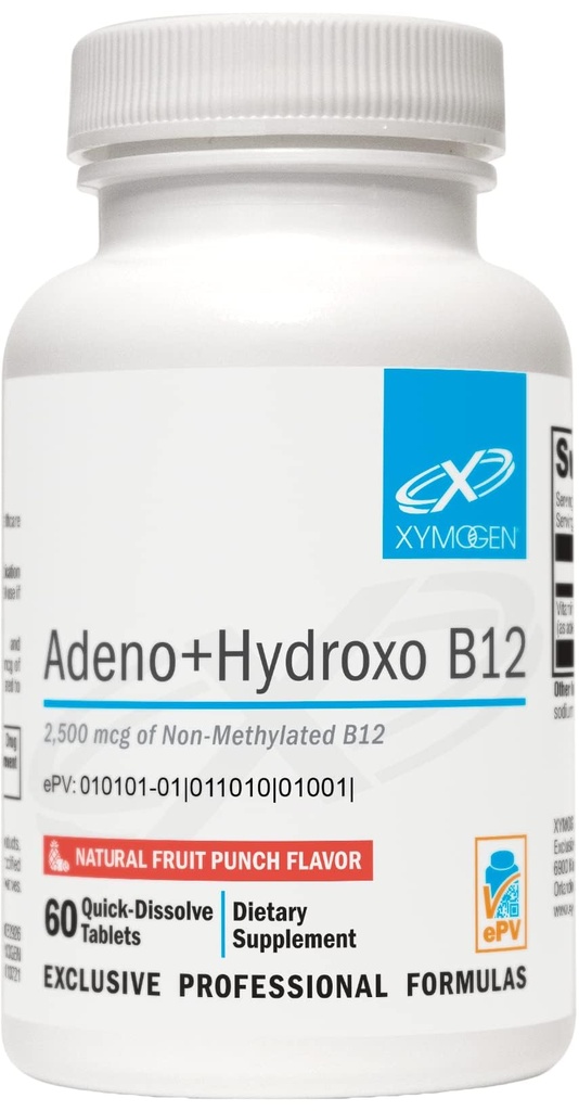XYMOGEN Adeno+Hydroxo B12 - Nicht methyliert (2.500mcg) - Quick-Dissolve B12 Lozenges mit Adenosylcobalamin B12 + Hydroxocobalamin - Kognitive Unterstützung, Fruit Punch Flavor (60 Tabletten)