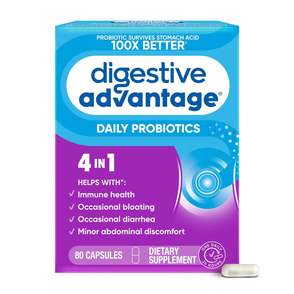 Digestive Advantage Probiotics for Digestive Health, Daily Probiotics for Women & Men, unterstützt Gut Health, Occasional Bloating & Diarrhea, Minor Abdominal Discomfort, & Immununterstützung, 80ct Capsules