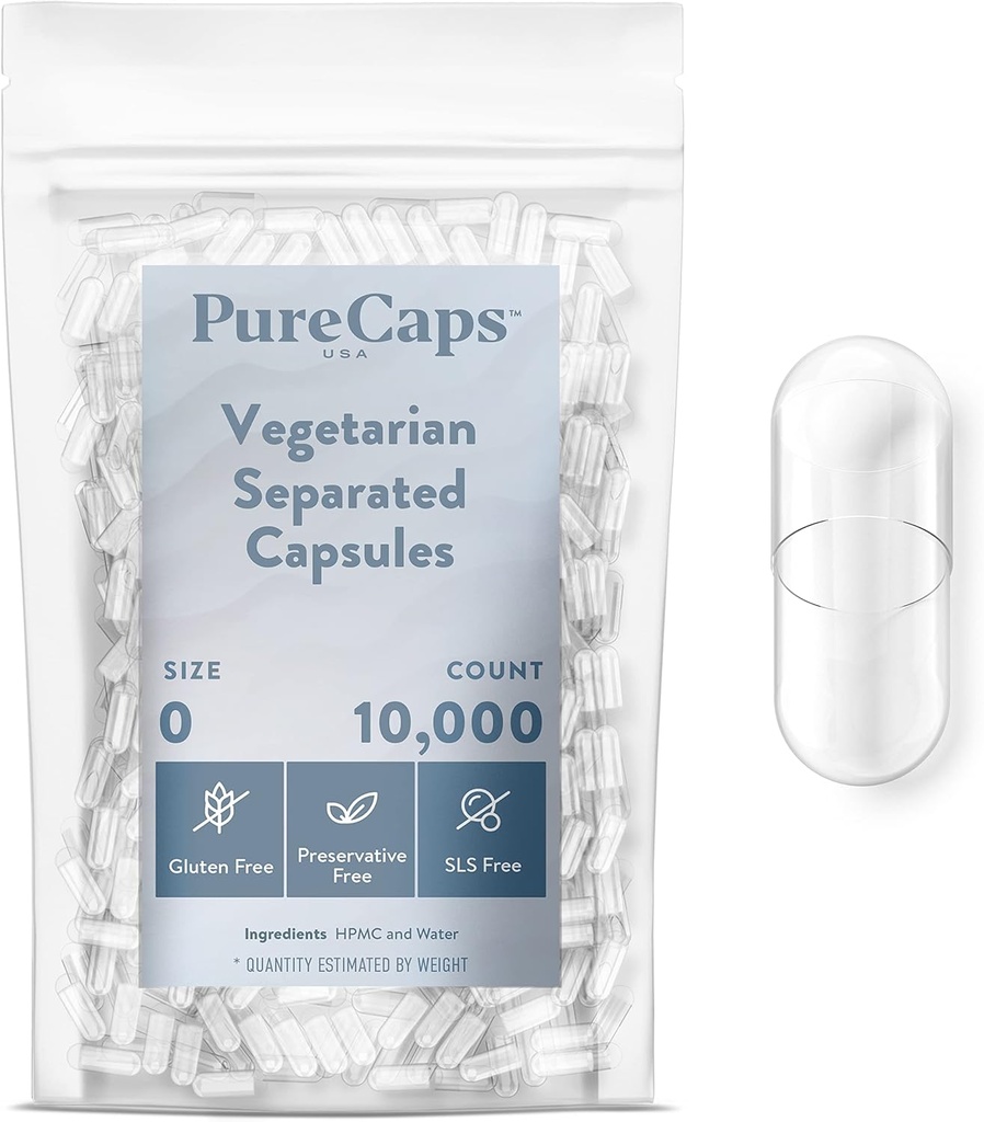 PureCaps USA- Leere vegetarische vegane Pillen Kapseln Größe 0| 10,000 Getrennte Pillen| Klare | Nicht-GMO Zertifiziert | SLS, Gluten, Konservierungsmittelfrei