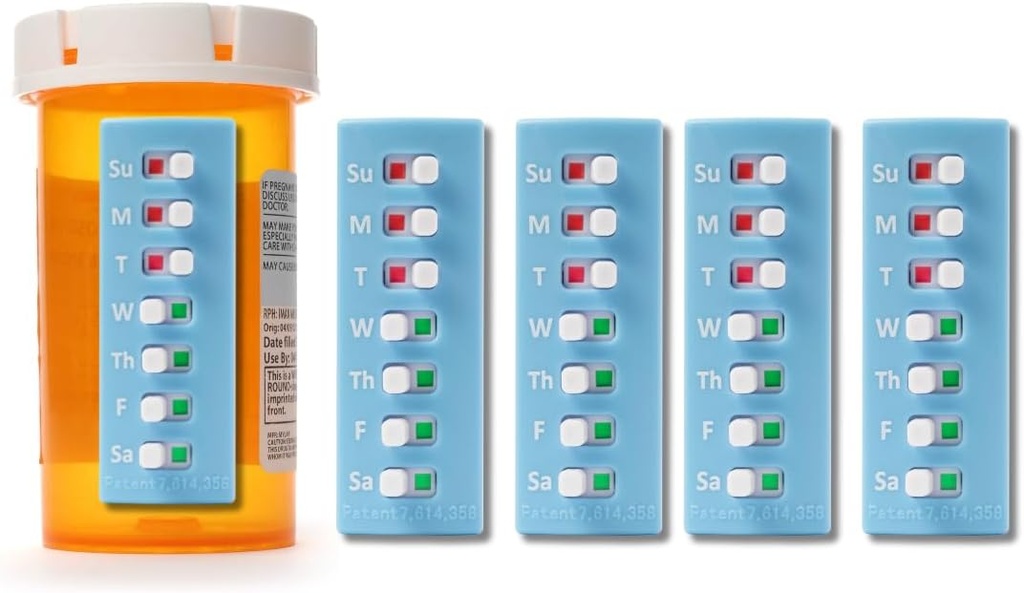 Riutilizzabile per 12+ Refill, Pillola/Medicazione/Vitamin/Pet Med Tracker & Reminder, Attacca alla tua Bottiglia, Senza Organizzatore, Schienale (Blu, 5-Pack)