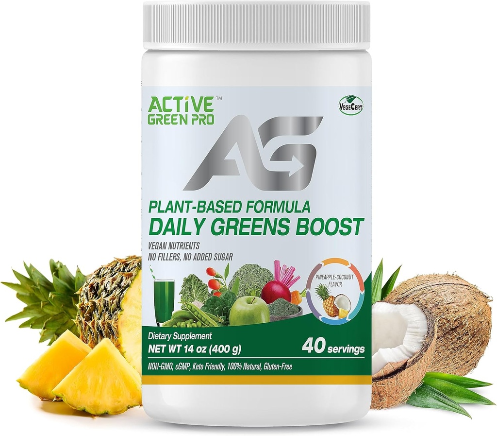 Boost vert quotidien - Poudre de vert – 14 différents superaliments verts dans chaque portion - Plein d'antioxydants essentiels, fibre, vitamines et minéraux – santé quotidienne et désintoxication