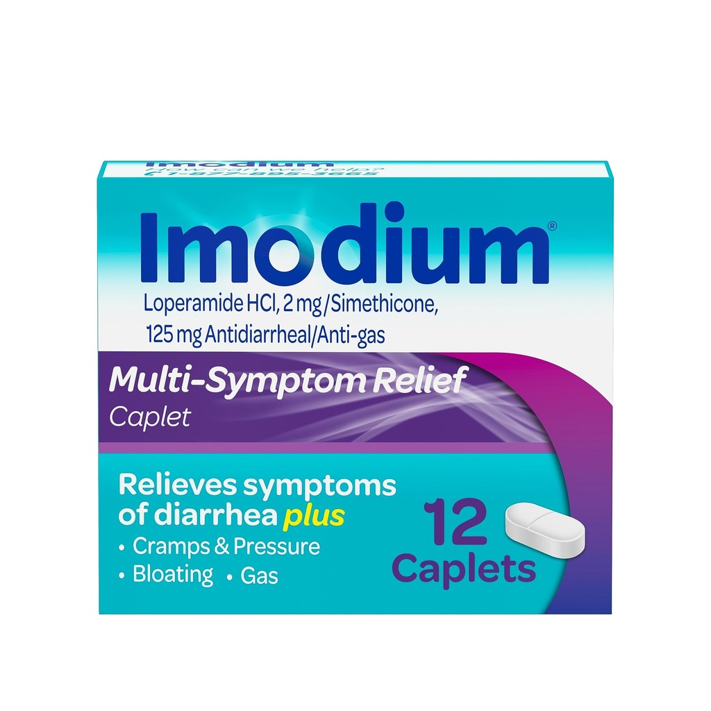 Imodium Multi-Symptome Relief Caplets, Loperamide Hydrochloride et Siméthicone Anti-Diarrhée Médecine pour soulager la diarrhée, le gaz, le gonflement, les crampes et la pression, HSA/FSA Admissible, 12 ct