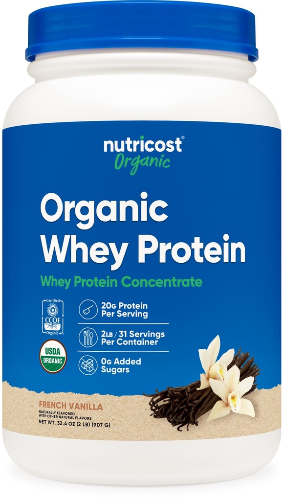Nutricost Organic Whey Protein Concentrate, French Vanilla Aromaed, (2LBS) - Senza glutine, Non OGM