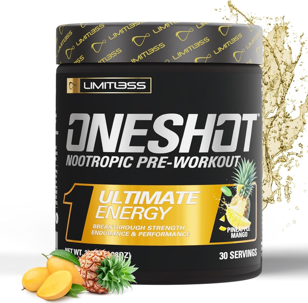 Poudre de pré-entraînement ONESHOT pour les hommes et les femmes - BCAAS Amino Acids Supplément poudre, 200 mg de caféine, bêta-alanine poudre, Citrulline Malate poudre de pré-entraînement - Mangue ananas - 30 portions