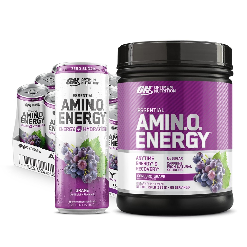 Optimum Nutrition Amino Energy Powder: Concord Grape (65 Servierungen) mit essentiellen Amino Energy Plus Elektrolyten Sparkling Drink: Trauben (12 Dosen) - Bundle Pack