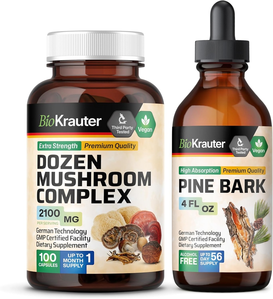BIO KRAUTER Dozen Mushroom 100 Capsule &amp; Pine Bark Tincture 4 Fl. Oz.