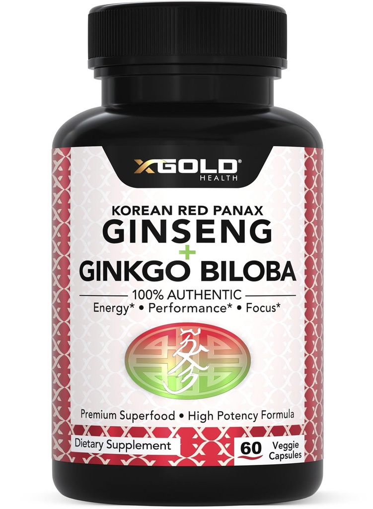Korean Red Panax Ginseng 1200mg + Ginkgo Biloba - Extra Strength Root Extract Powder Supplement w/High Ginsenosides Vegan Kapseln für Energie, Leistung & Fokus - Ergänzung für Männer & Frauen