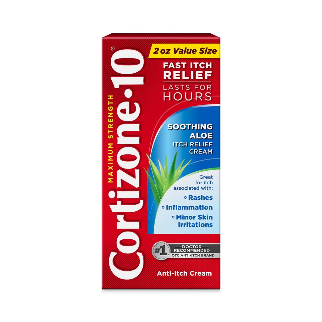 Cortizone-10 Strength Maximum Aloe Relief Cream, 1% Hydrocortisone, Fast-Acting, Crème Anti-Itch pour Bug Bites, Rash, Eczema, Psoriasis, Poison Ivy, Chêne, Sumac et plus, 2 oz