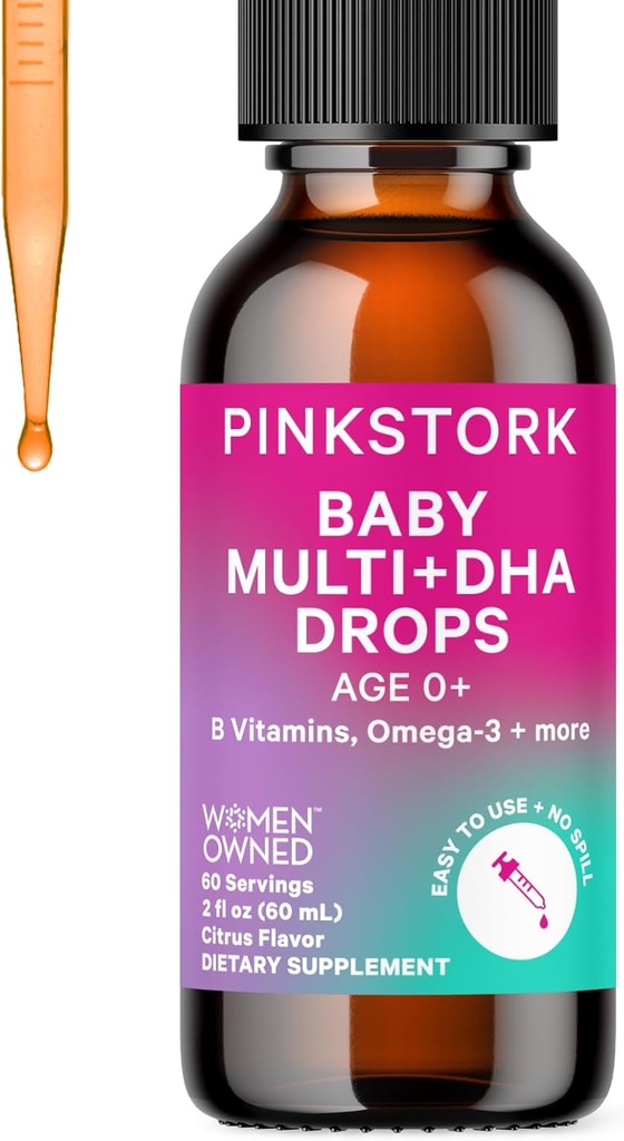 Pink Stork Baby Liquid Multivitamin Tropfen, Baby & Kleinkind Vitamin Tropfen mit DHA, Vitamin C, D, B12 und Choline zu unterstützen Gehirngesundheit und Immunfunktion - 2 fl oz, 2 Monate Versorgung
