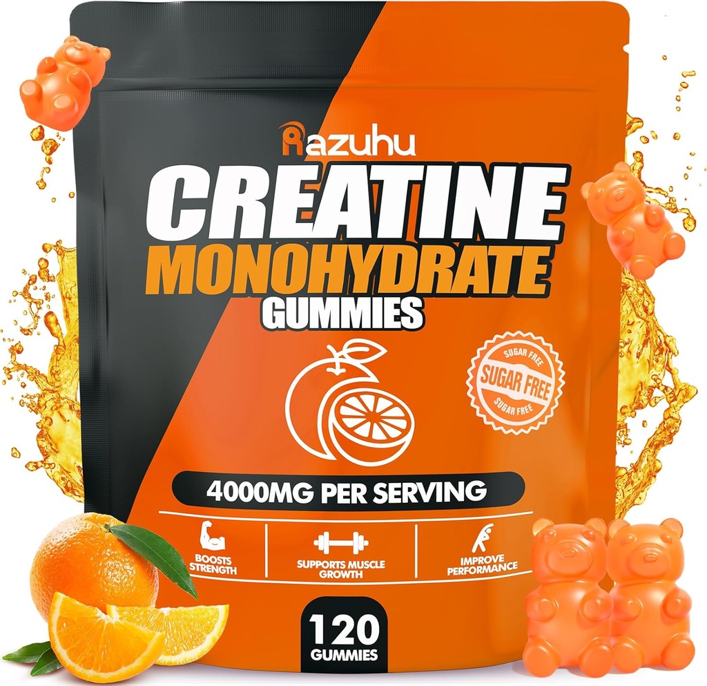 Kreatin Monohydrat-Gummi für Männer & Frauen, 4g Kreatin Monohydrat pro Servieren für maximale Leistungsstärke, Leistung, Zuckerfrei, Vegan, Vor-Workout-Ergänzung (120 Count)-Orange