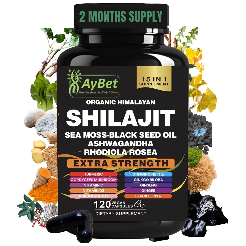 Shilajit pour hommes et femmes-Organic Himalayan Shilajit Capsules avec Moss de mer, Huile de graines noires, Ashwagandha, Rhodiola Rosea, Burdock, Cordyceps Champignon, Ginseng, Turmeric, Ginger, 120 Capsules