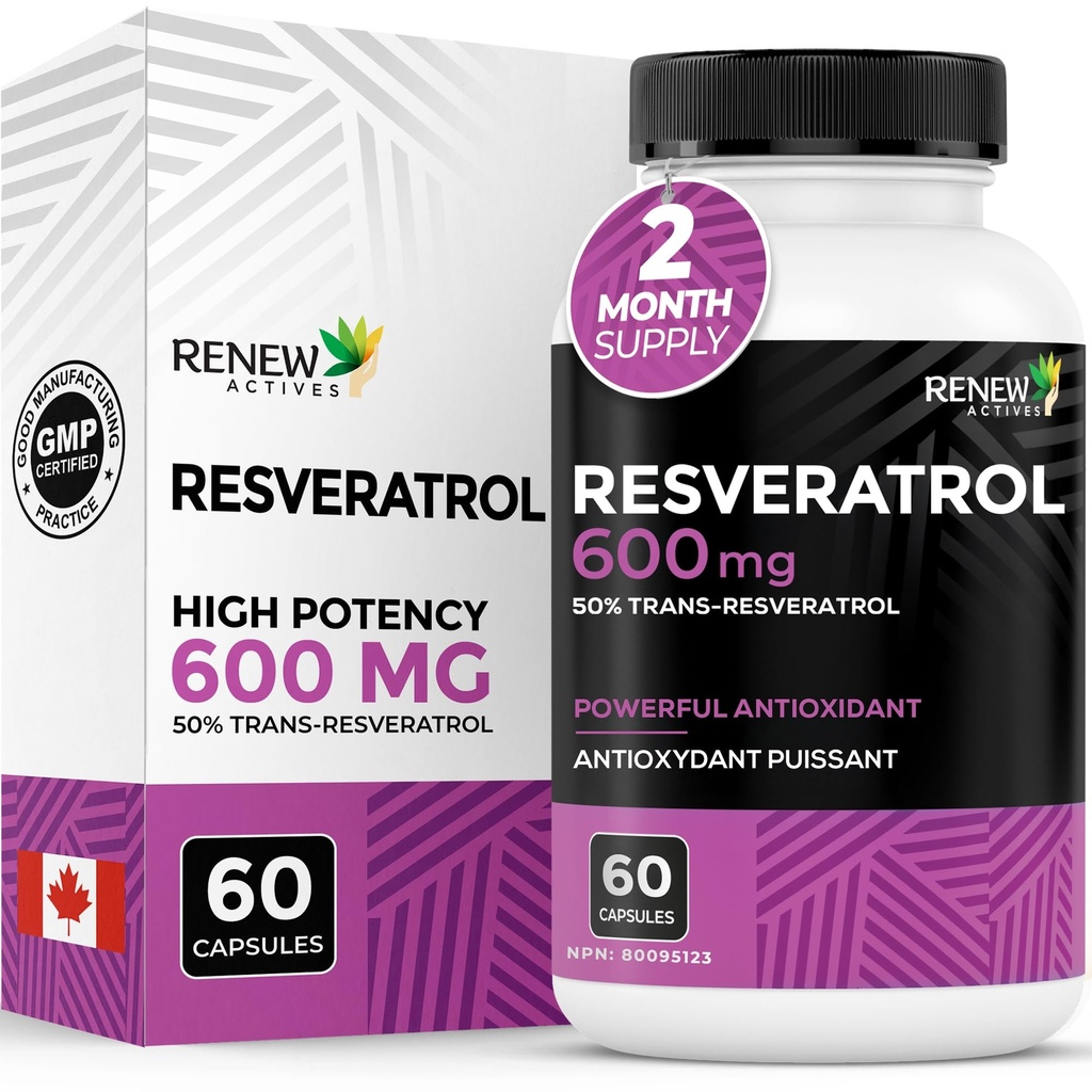 Renew Actives Resveratrol Supplement 600mg pro Servierung - High-Potency Antioxidant Complex mit 50% Trans-Resveratrol – unterstützt Cellular Health & Longevity - Made in Canada – 60 Vegan Capsules