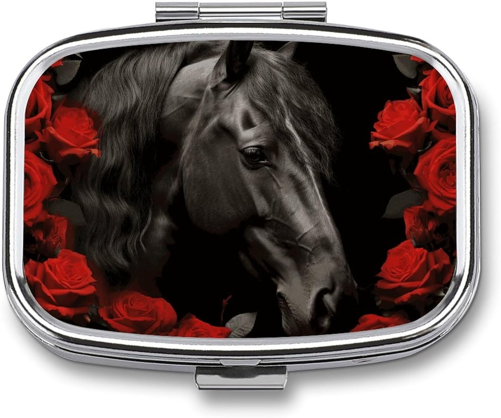 Schwarzes Pferd auf einem Hintergrund von Rote Rosen Pille Box 2 Compartment Tragbare Pille Fall Tägliche Square Pille Organizer für Pocket Purse Tägliche Medizin Behälter Vitamine zu halten Fischöl Reise Geschenke